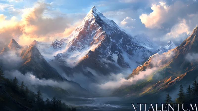 Snow-covered mountain range with clouds and distant valley.