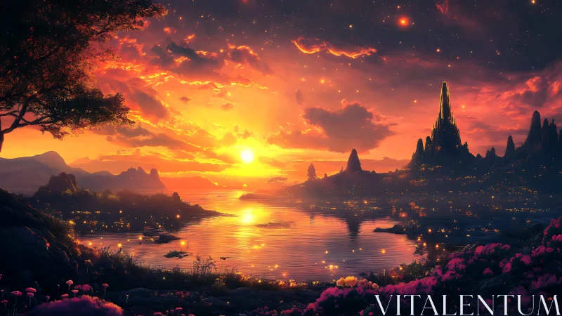 Celestial sunset over crystalline fantasy citadel and bay.