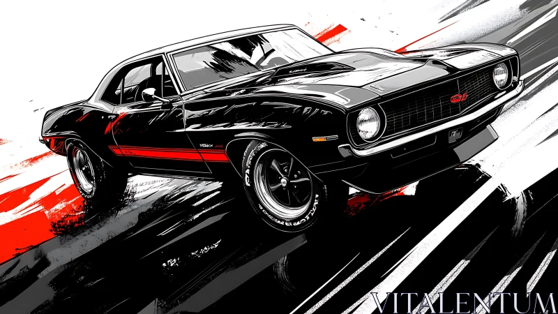 Sleek black muscle car racing through bold graphic streaks.