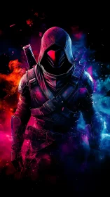 Hooded cyber assassin stands in neon bifurcated chromatic haze