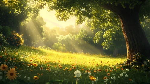 Sunlit wildflower meadow under towering oak canopy.