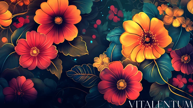 Luminous tropical blossoms glow against deep teal foliage.