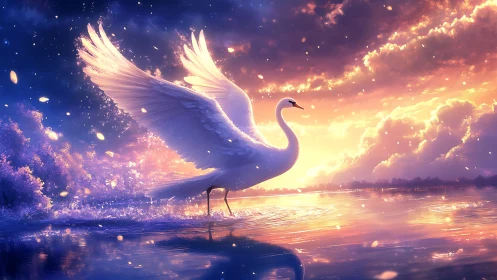 Radiant swan extends illuminated wings over chromatic sunset water