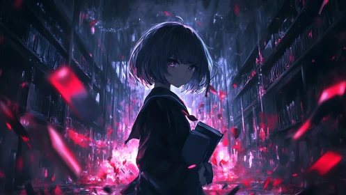 Arcane data librarian amid incandescent spectral archives.