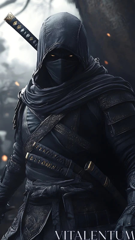 Midnight rogue with ember eyes stalking the war-torn fog.