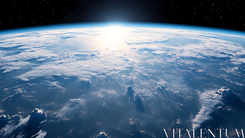 Low Earth orbit sunrise over cloud-layered ocean horizon