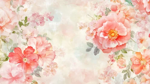 Soft coral peonies in airy watercolor floral tableau.