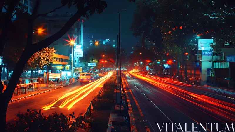 Long-exposure urban nightscape renders neon traffic light trails