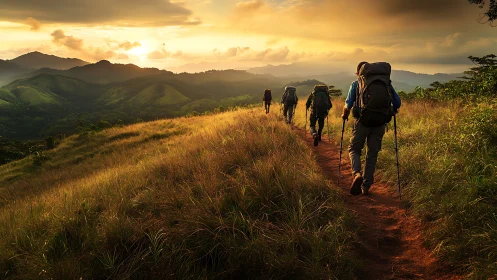 Backpackers traverse illuminated ridge under layered mountain sunset