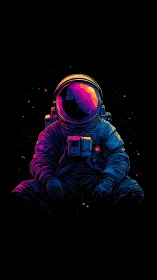 Neon outlined astronaut seated against deep black space.