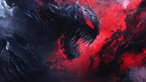 Elongated fanged creature silhouette contrasts with red field