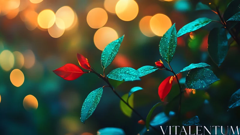 Firelit raindrop leaves glow against enchanted night bokeh.