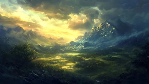 Radiant valley beneath stormlit mountains at golden dawn.