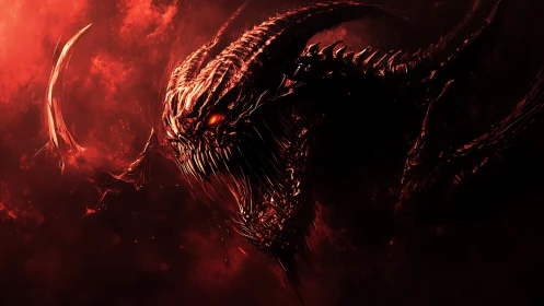 Demonic dragon head emerges from burning crimson void