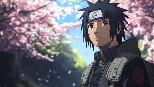 Quiet anime hero walks under soft pink cherry blossoms