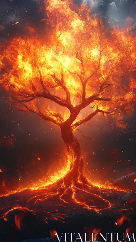 Luminous Fire Tree Emerges from Molten Ground.