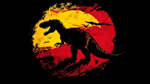 Silhouetted tyrannosaur against grunge sunset emblem.