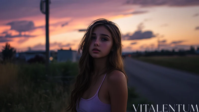 Cinematic dusk portrait of young woman by rural roadside