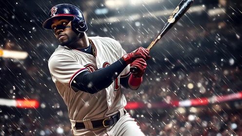 Baseball batter swings under stadium lights in rain.