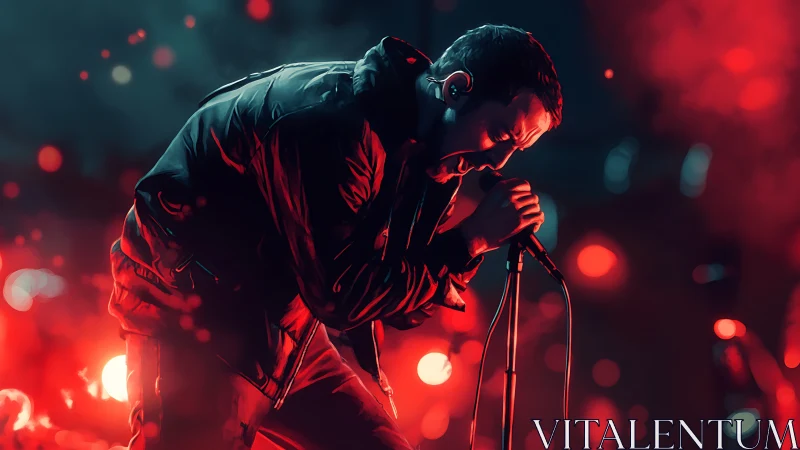 Rock singer leaning into microphone on red lit stage.