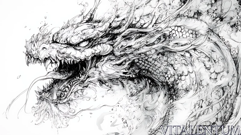 Ink dragon erupts in swirling aggressive monochrome lines.