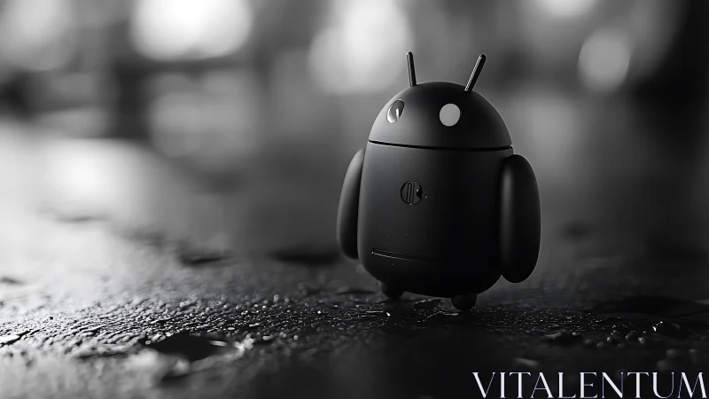 Black matte robot toy on wet reflective surface at night.