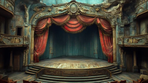 Ornate abandoned theater stage waits in fading grandeur.