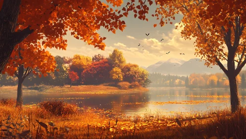 Autumnal lacustrine panorama with stratified chromatic foliage.