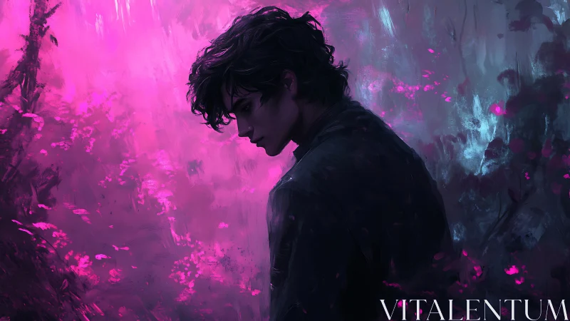 Silent midnight dreamer in neon-bloomed twilight garden.