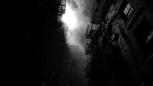 Backlit urban alleyway with high contrast fire-escape silhouettes