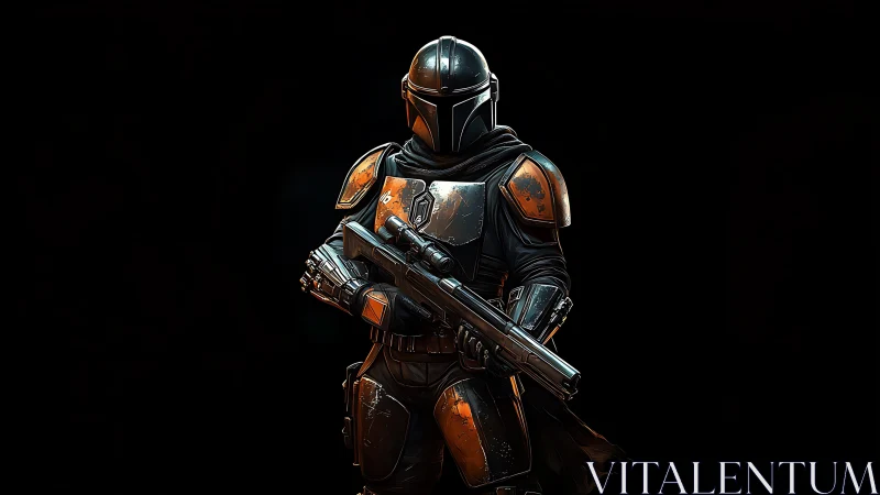 Digital painting of armored bounty hunter with dramatic chiaroscuro.