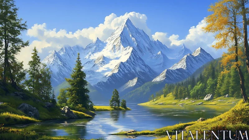 Snow-capped alpine peaks rise above reflective river valley in sunlight