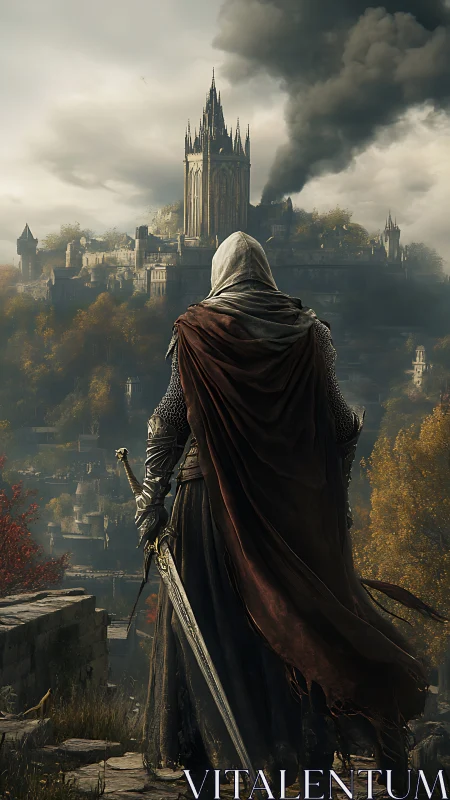 Hooded medieval swordsman surveying stormlit besieged citadel