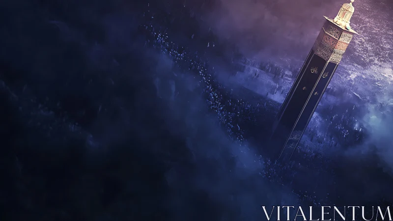 Oblique minaret monolith amid volumetric twilight haze.