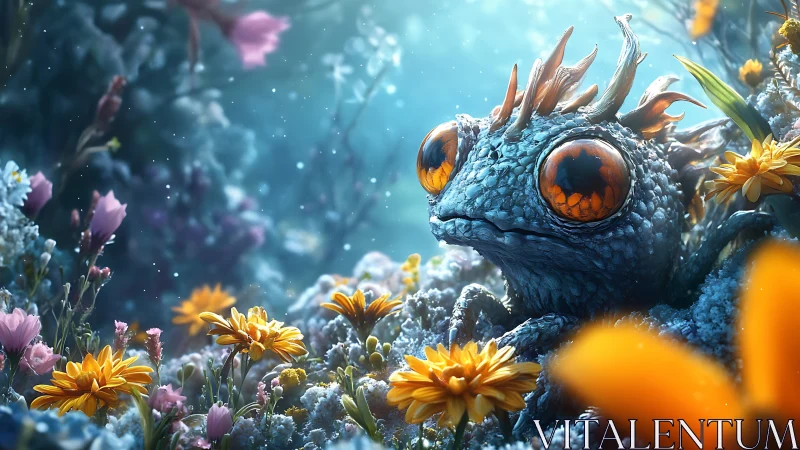 Fantasy amphibian rests gently in a glowing flower meadow