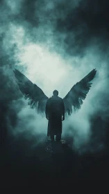 Silhouetted fallen angel emerging from luminous storm fog.