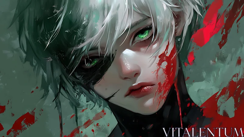 Green eyed anime character with bloodstained pale face.