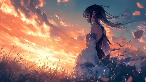 Sunlit anime girl in windswept meadow at blazing sunset.