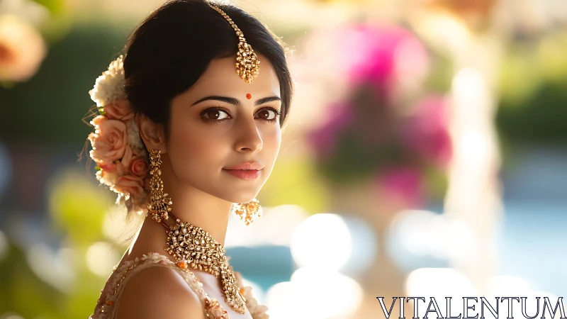 Soft backlit portrait captures ornate bridal jewelry and floral gajra