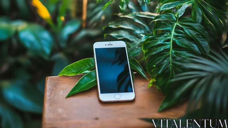 White smartphone rests on wooden surface surrounded by tropical foliage