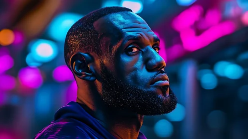 Neon lit closeup portrait of serious man at night.