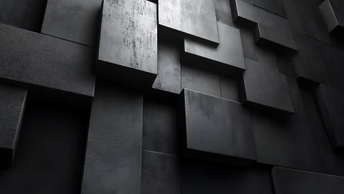 Layered dark geometric blocks on textured abstract wall.