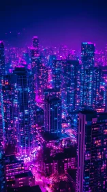 Neon-saturated high-rise cityscape under dense magenta-blue haze