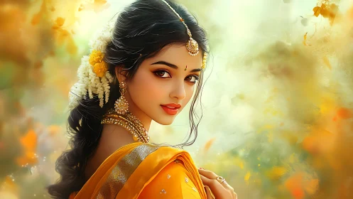 Golden gaze of a floral muse in silk and sunlit whispers.