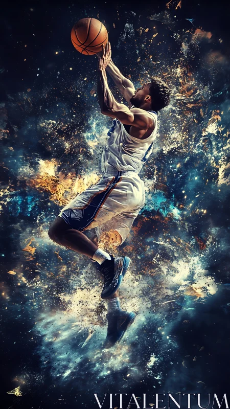 Explosive cosmic slam dunk suspended in dynamic motion.