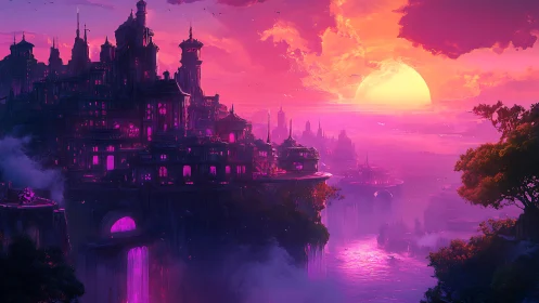 Neon cliffside city glows under vast magenta sunset sky