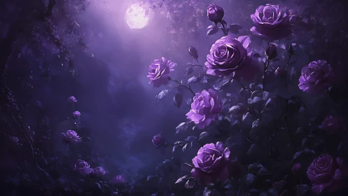 Purple Roses Under Moonlight in Ethereal Garden