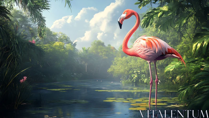 Tropical flamingo stands in sunlit jungle river clearing.