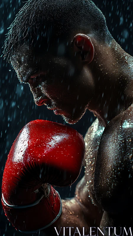 Boxer in Rain with Red Gloves. Intensity.