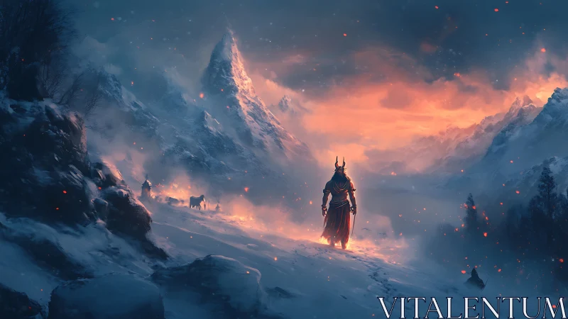 Horned wanderer claims a burning dawn in frozen peaks.